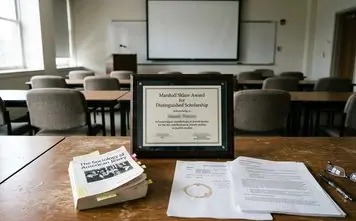 Engraved plaque resting on wooden podium